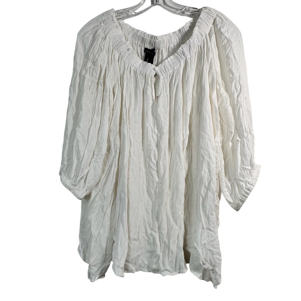 Moda International White Peasant Blouse Boho Crinkle Top XL 3/4 Sleeve Relaxed